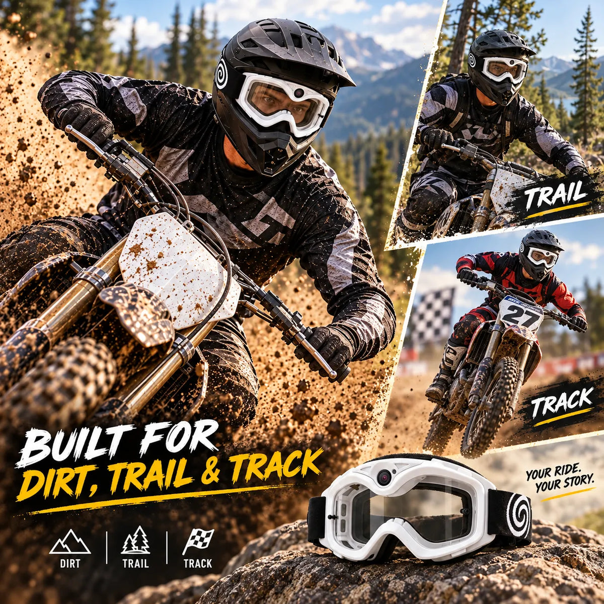 🏍️ POV Camera Motocross Goggles – White Off-Road Riding Goggles with Built-In Camera, Anti-Fog Lens & USB-C Charging