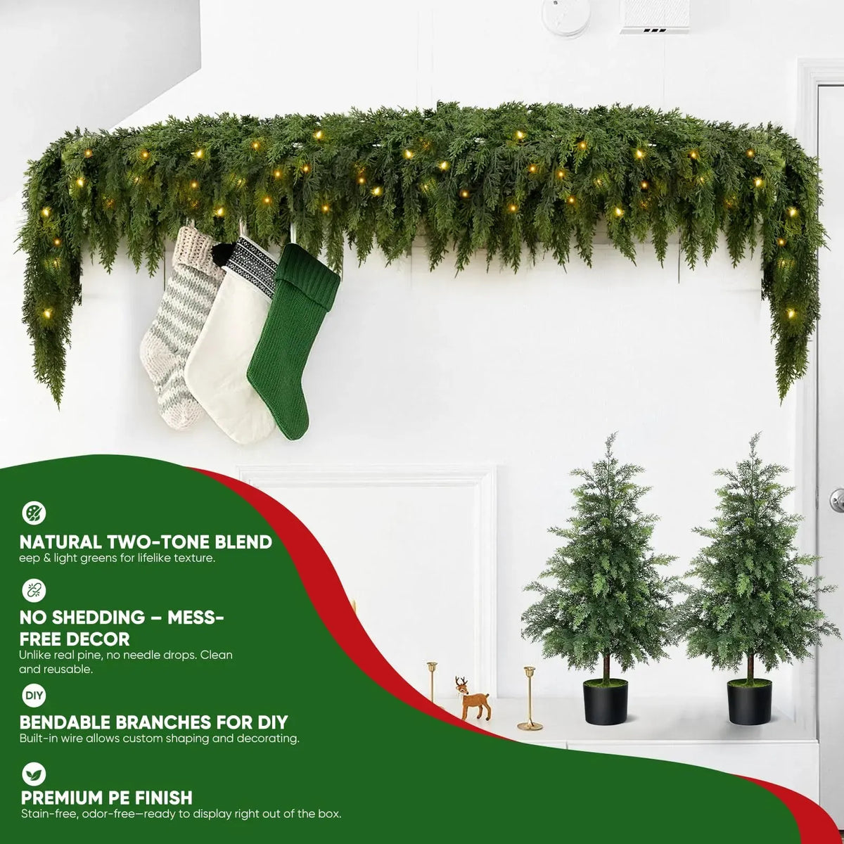 🎄 6FT Real Touch Cedar Garland 🌿 Gradient Green Artificial Cypress Pine Garland for Christmas Mantel, Table, Wall & Indoor Outdoor Décor ✨