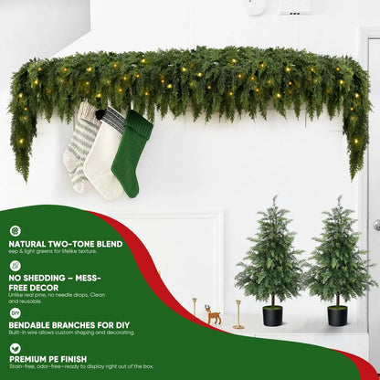 🎄 6FT Real Touch Cedar Garland 🌿 Gradient Green Artificial Cypress Pine Garland for Christmas Mantel, Table, Wall & Indoor Outdoor Décor ✨