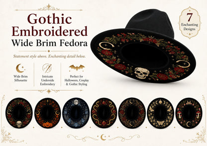 🎃 Gothic Embroidered Wide Brim Fedora Hat 🖤🌙