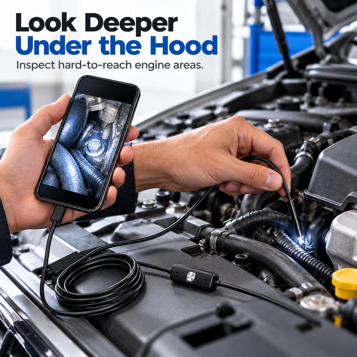 Endoscope camera being used to inspect a hard-to-reach area inside a car engine bay