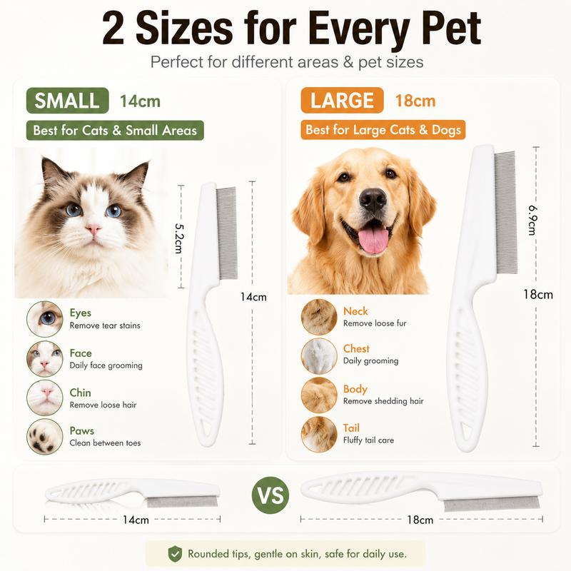 Pet Face Comb Set for Cats & Dogs, Fine Tooth Stainless Steel Grooming Comb, Removes Loose Fur, Flea & Lice Removal Comb, Anti-Shedding, Small & Large Size (2PCS)