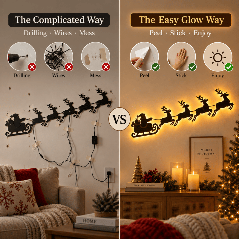 LED Christmas Santa Sleigh Wall Art, Illuminated Reindeer Silhouette Metal Sign, Warm Backlit Holiday Wall Decor