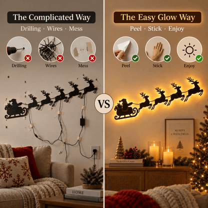 LED Christmas Santa Sleigh Wall Art, Illuminated Reindeer Silhouette Metal Sign, Warm Backlit Holiday Wall Decor