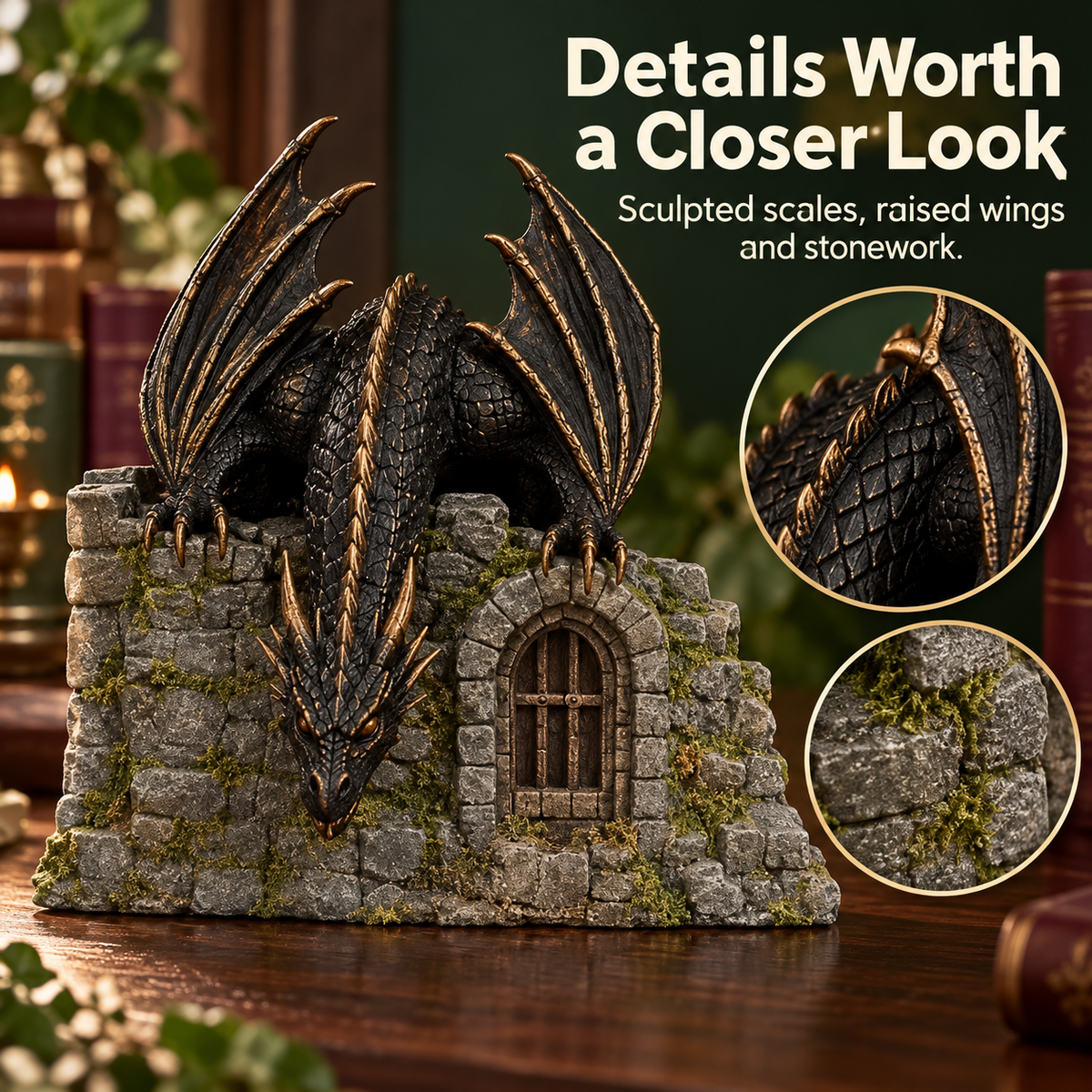 Detailed view of the dragon's textured scales, raised wings, and castle stonework