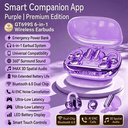 🎧 GT699S 6-in-1 Smart Wireless Earbuds | Power Bank Charging Case | Clip-On, In-Ear & Sleep Earbuds