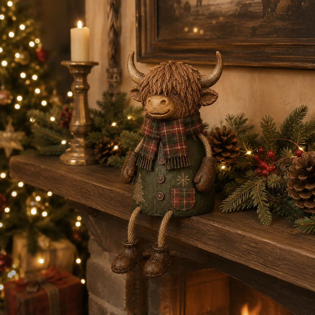 Festive Highland Cow Shelf Sitter – Rustic Christmas Home Decor
