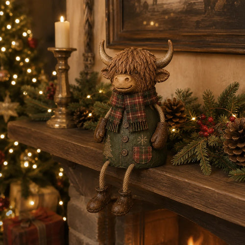 Festive Highland Cow Shelf Sitter – Rustic Christmas Home Decor