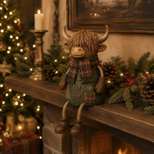 Festive Highland Cow Shelf Sitter – Rustic Christmas Home Decor