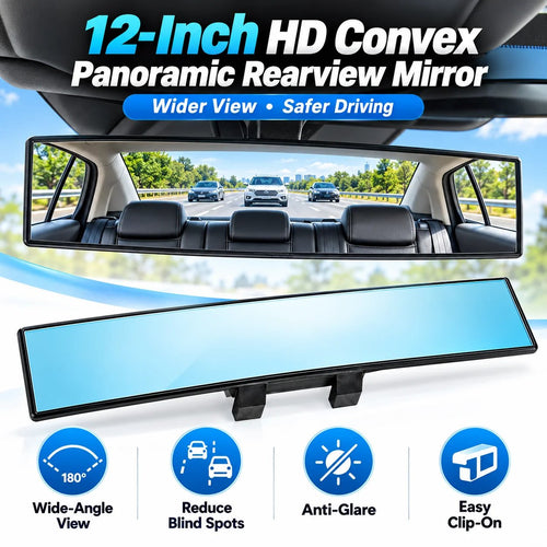 12-Inch HD Convex Panoramic Rearview Mirror – Clip-On Wide-Angle Car Mirror with Anti-Glare Glass & Anti-Slip Clips