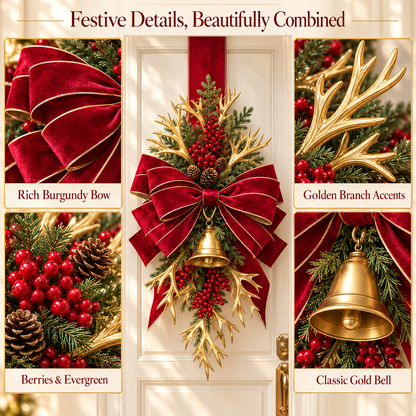 Luxurious Velvet Christmas Scapular with Red Berries, Golden Branches, and a Jingle Bell - 1.60m