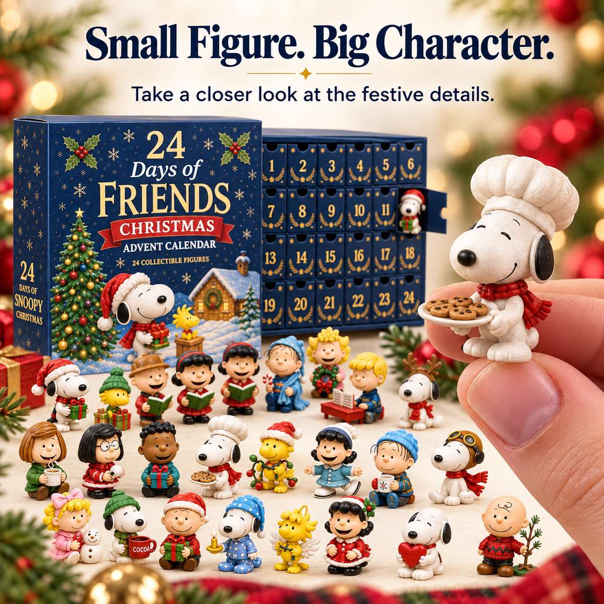 Close-up of a mini Christmas character figure beside the advent calendar collection