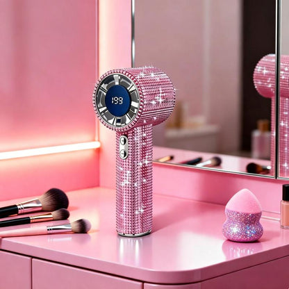 💎 Full Diamond Handheld Fan | Digital Display & Adjustable Speed