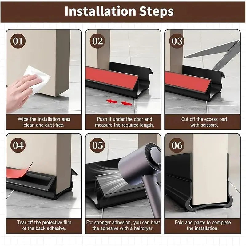 Six step self adhesive door draft stopper installation guide