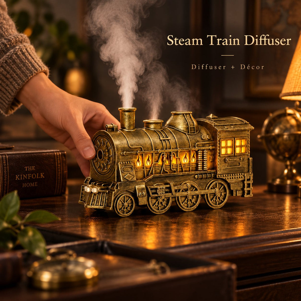 Vintage Steam Train Aromatherapy Diffuser with Simulated Flame Light Decor