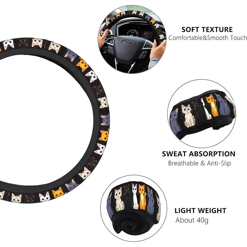 Original product infographic featuring the cat steering wheel cover, soft texture, anti-slip liner and lightweight flexible construction