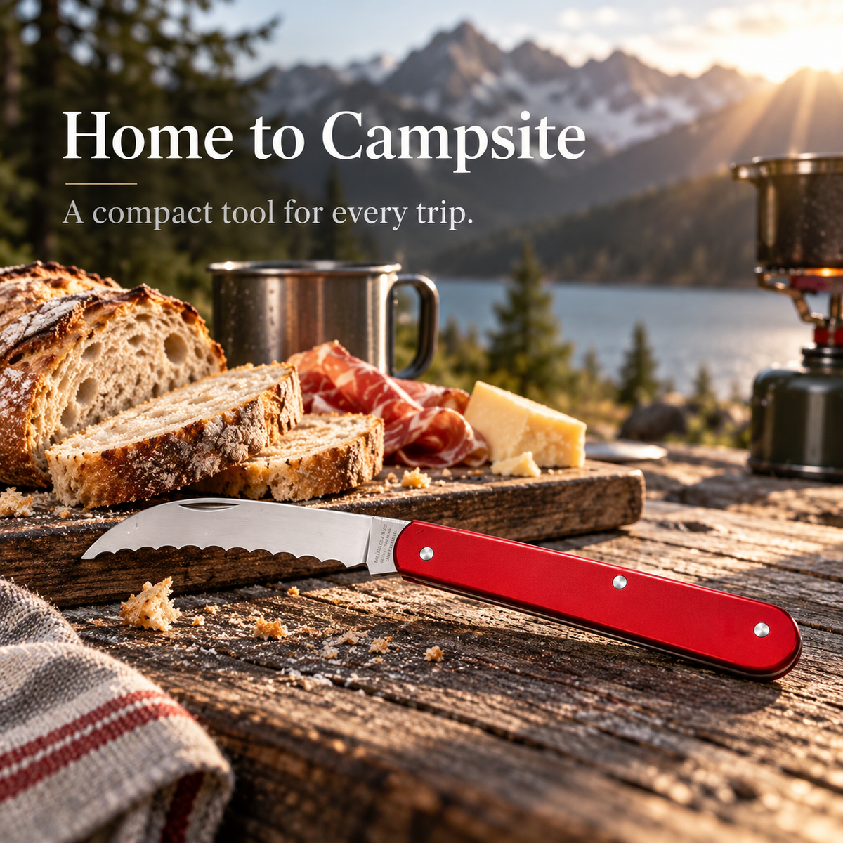 🔪Compact Folding Baker's Knife | 2.5″ Wavy-Edge Stainless Steel Blade | Red Aluminum Handle | Made in Switzerland