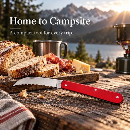🔪Compact Folding Baker's Knife | 2.5″ Wavy-Edge Stainless Steel Blade | Red Aluminum Handle | Made in Switzerland