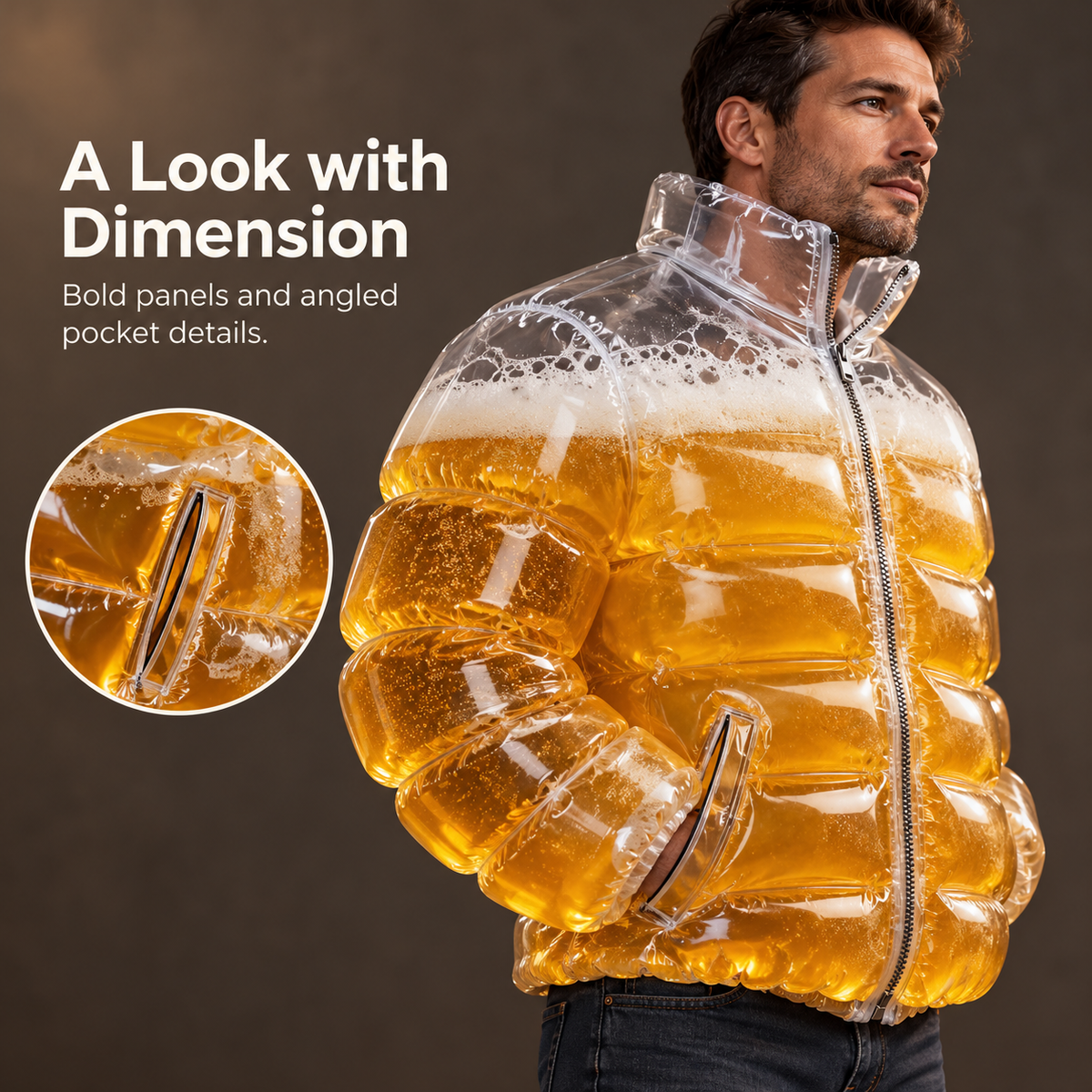 Men’s Fun Beer-Themed Inflatable Down Jacket – Costume for Parties and Carnivals, Transparent Version