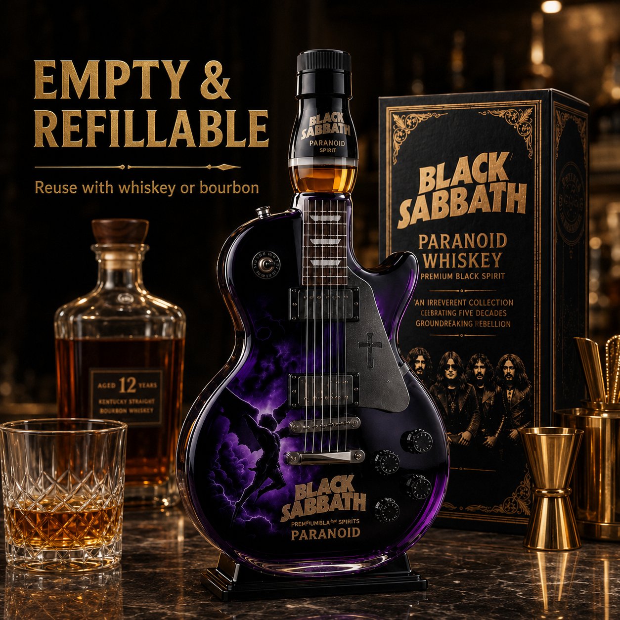Black - Sabbath Paranoid Guitar Collectible Glass Decanter 🎸