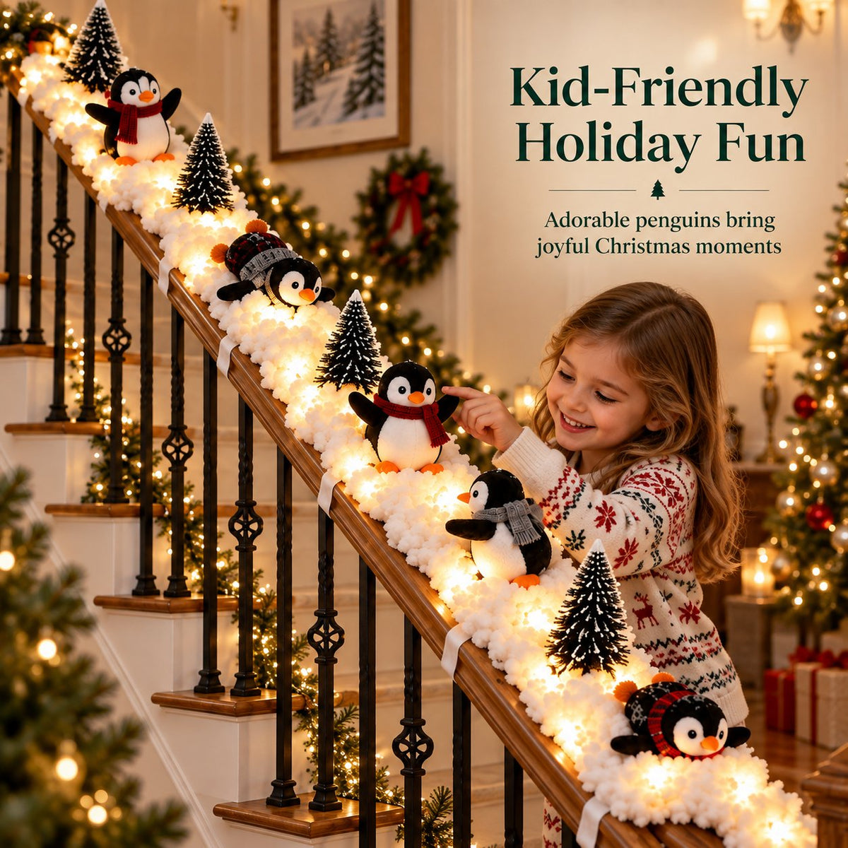 Playful Penguin Snowy Stair Railing Decor