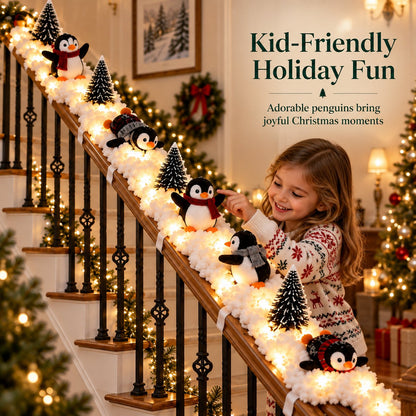 Playful Penguin Snowy Stair Railing Decor