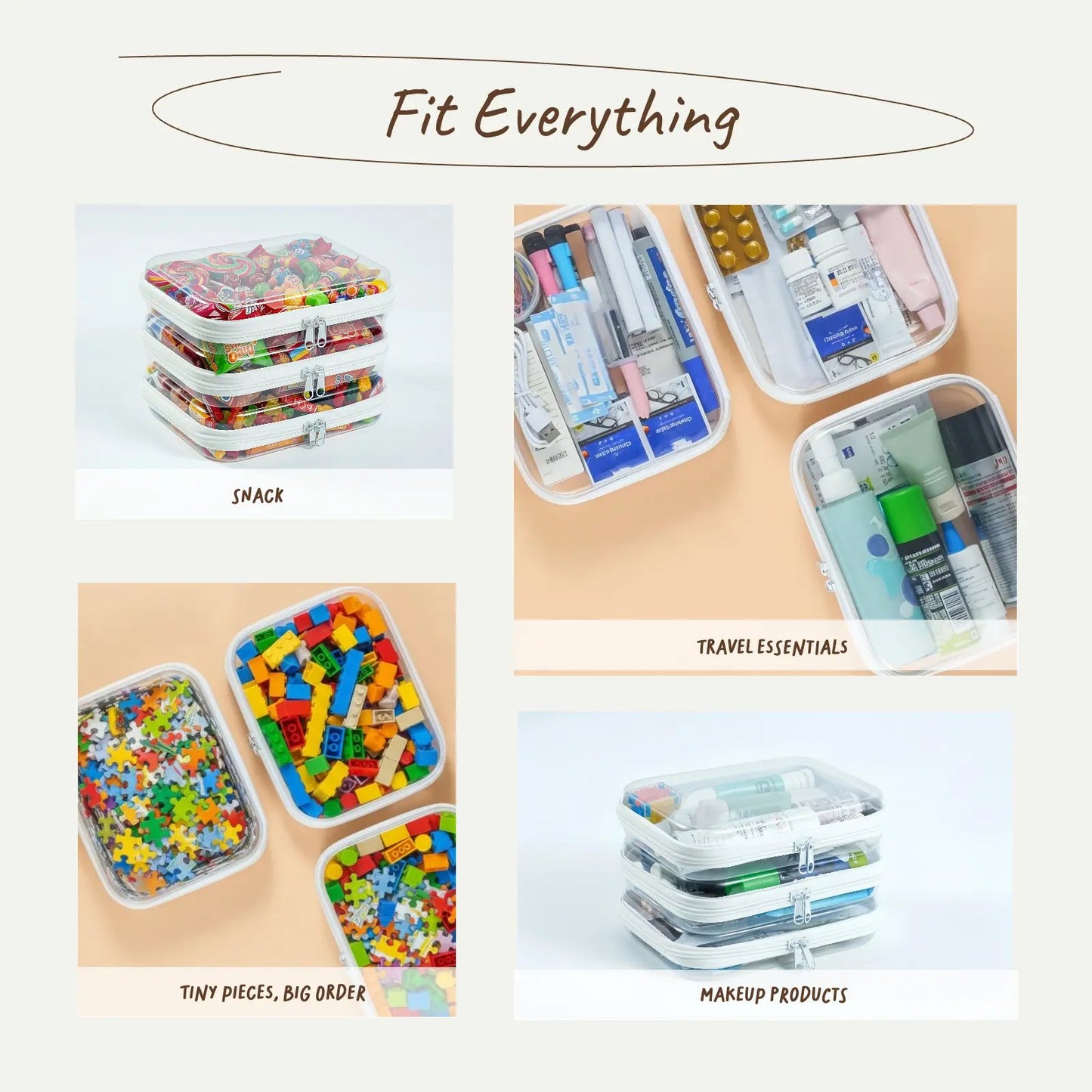4 PCS Clear Organizer Storage Box Clear Hard Zipper Case PVC Plastic CLear Storage Containers