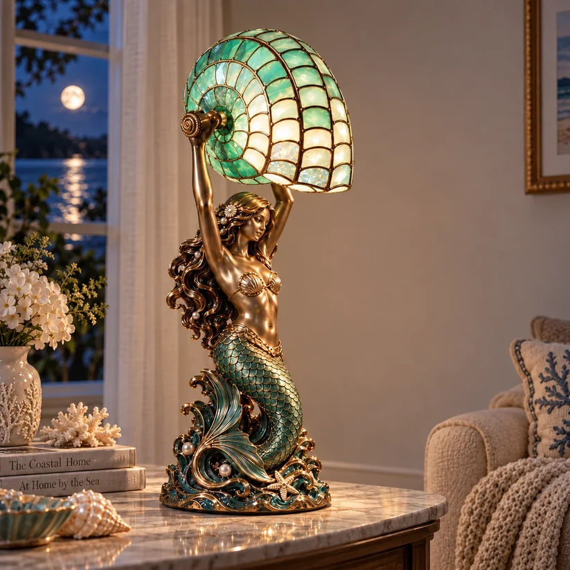 Mermaid lifting a glowing sea-green shell lamp in a warmly styled room