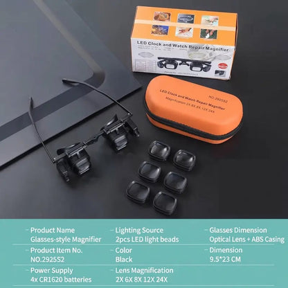 🔍 2X-24X LED Head Mount Magnifying Glasses | Hands Free Glasses Style Loupe for Watch & Phone Repair