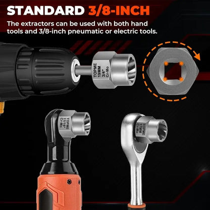 TOPME Bolt Extractor Kit,13+1 Piece Impact-Grade CR-MO Steel Nut Remover Set, 3/8' Drive Socket for Removing Frozen/Rusted/Rounded Bolts & Lug Nuts (Sizes 8-19mm)