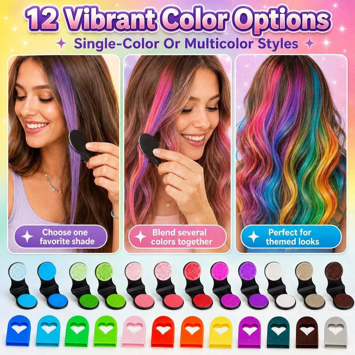 🔥🌈12-Color Temporary Hair Chalk Applicator Set |Vibrant Buildable Shades in Easy Clamp-On Applicators for Highlights, Streaks & Costume Looks ✨