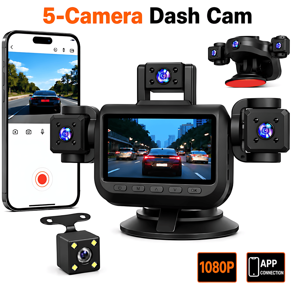 5-Camera 1080P Dash Cam | 360° Full Coverage Recording