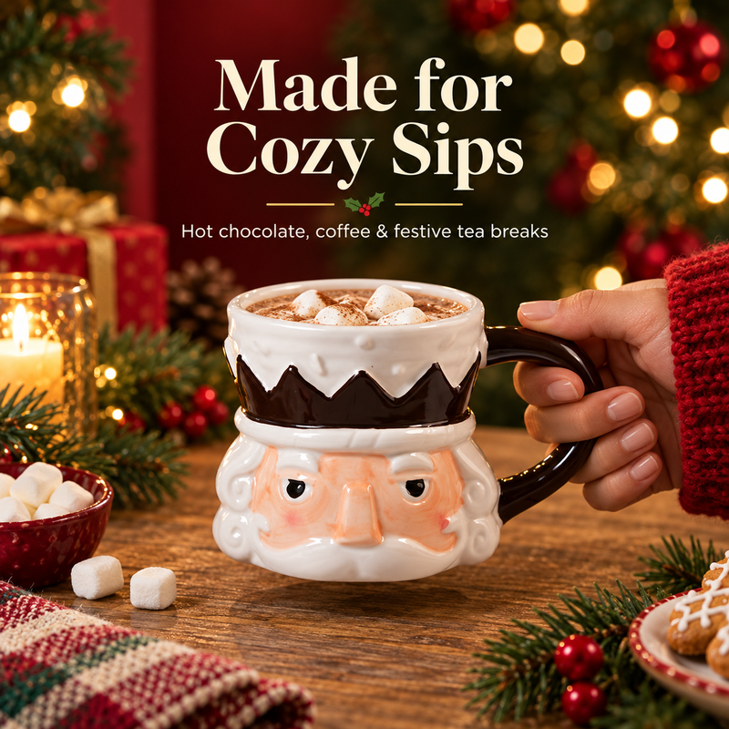 Nutcracker character mug filled with hot chocolate and marshmallows