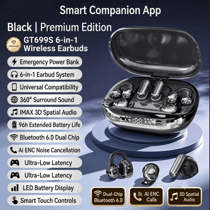 🎧 GT699S 6-in-1 Smart Wireless Earbuds | Power Bank Charging Case | Clip-On, In-Ear & Sleep Earbuds