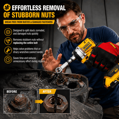 Mechanic using a nut splitter extractor on a severely rusted fastener