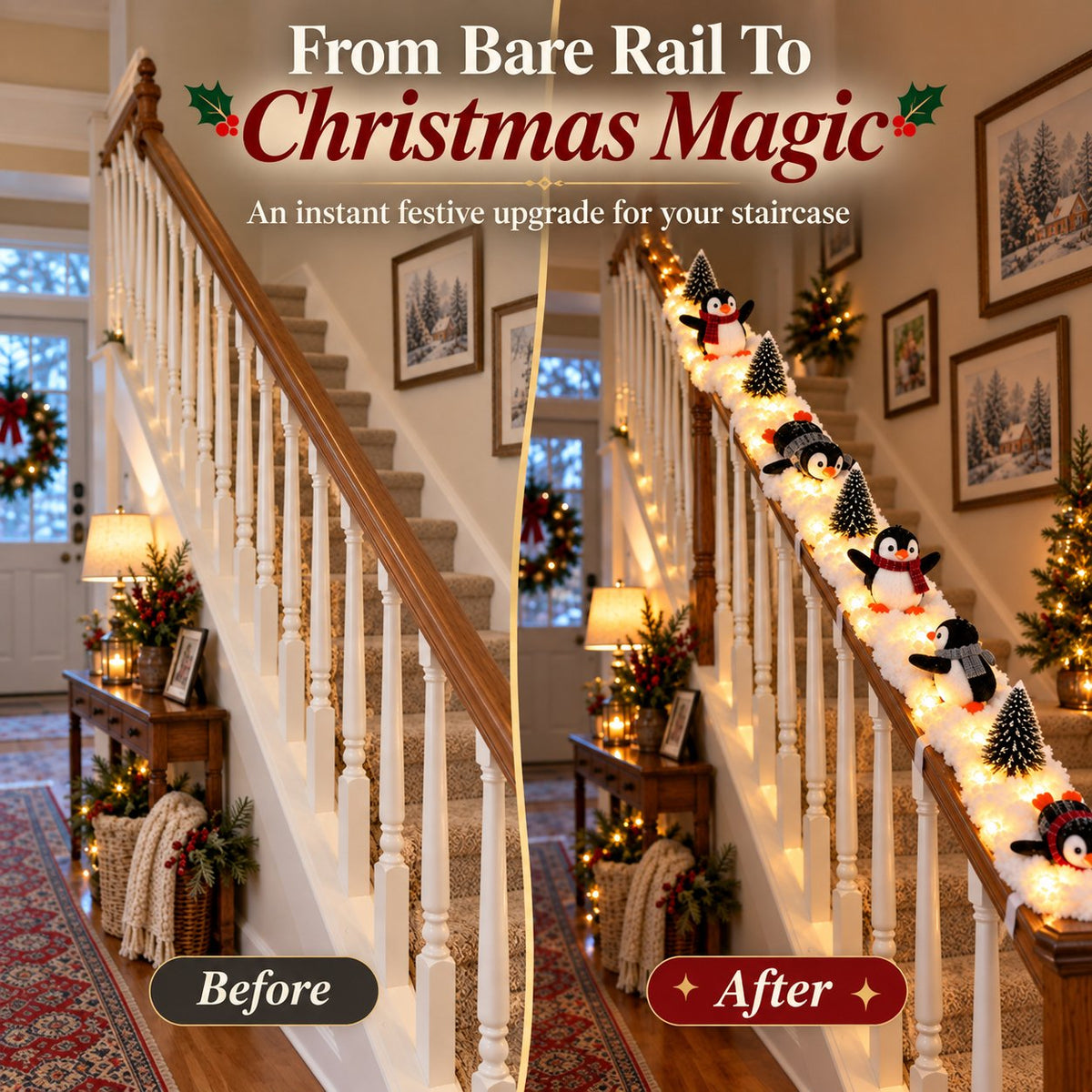 Playful Penguin Snowy Stair Railing Decor