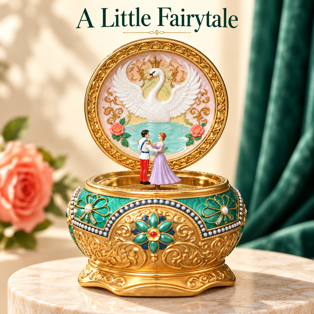 Swan lake music box with miniature dancing couple and ornate gold frame