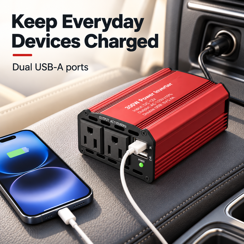 Phone connected to one of the inverter's USB-A ports inside a vehicle