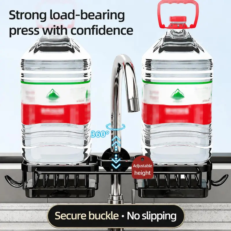 Product load support demonstration showing black faucet organizer with large water containers and adjustable mounting clamp