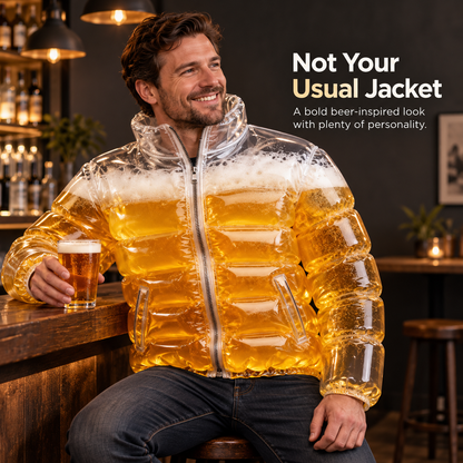 Man wearing a transparent beer-inspired puffer costume jacket