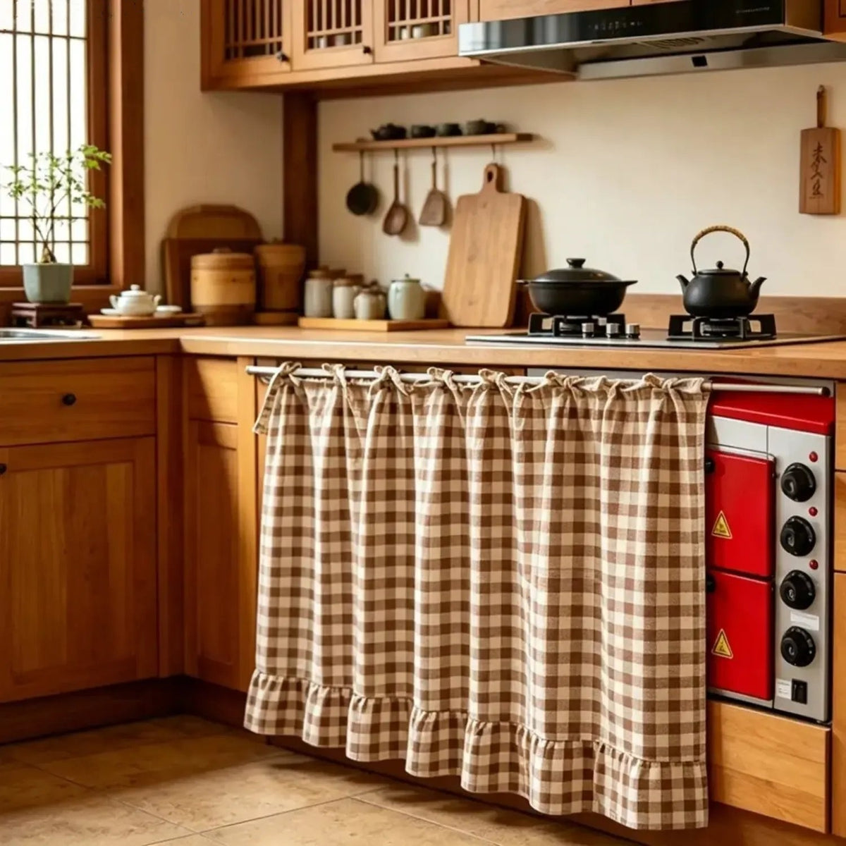 ✨2026 Farmhouse-Style Stove Curtain, Gingham Grid Ruffle-Edge Tier Curtains
