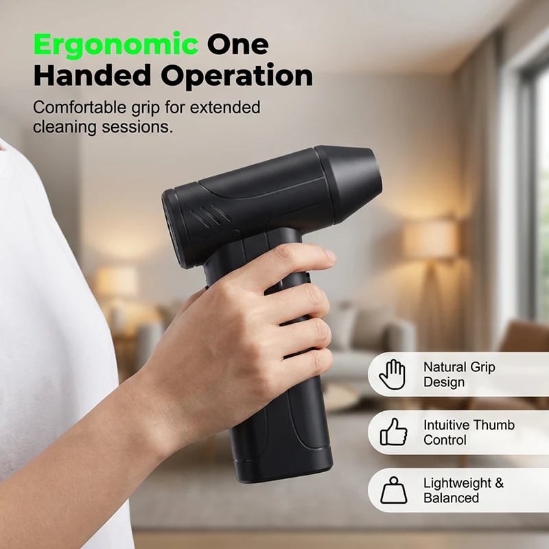 Hand holding ergonomic compact electric air duster with one-handed control design