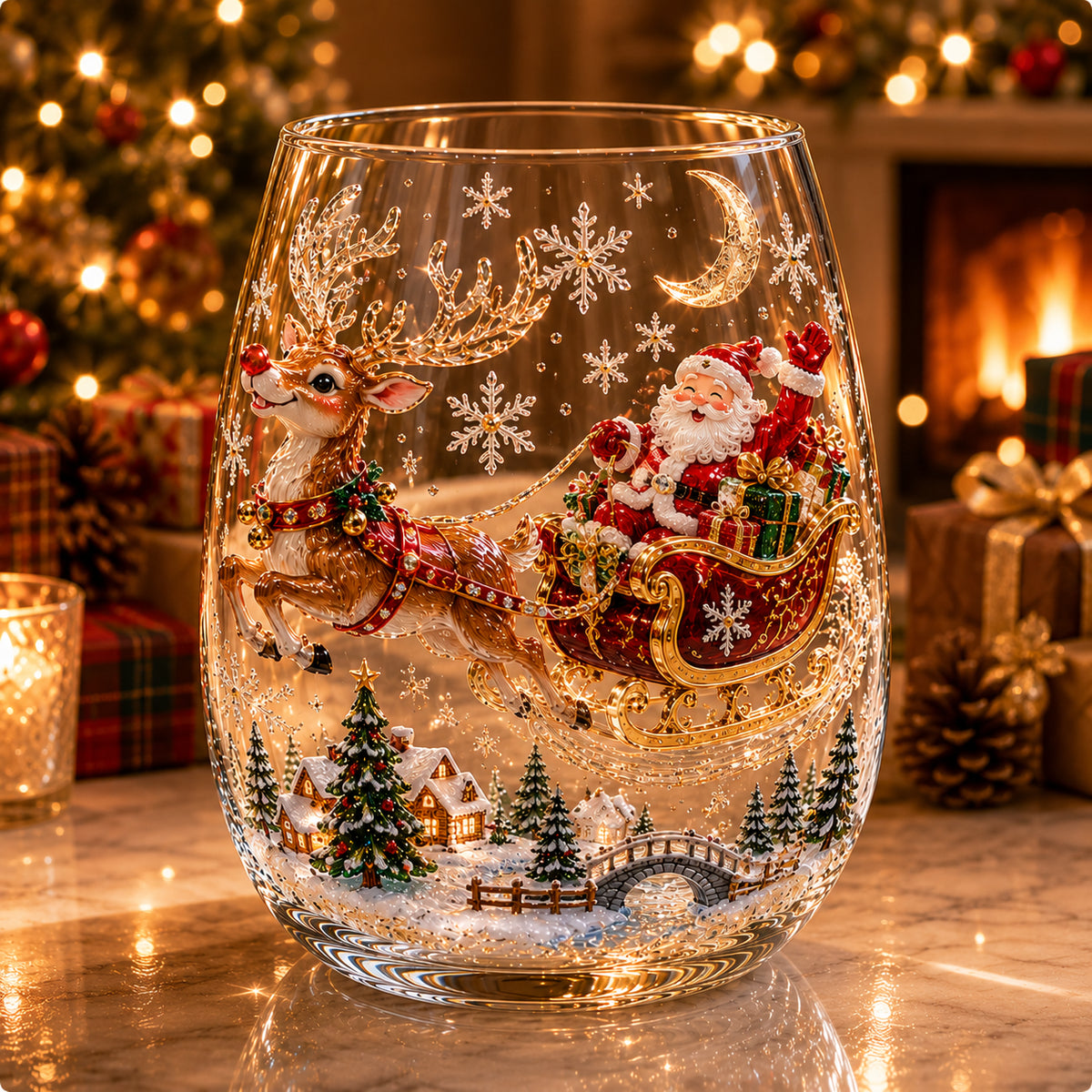 Detailed reindeer sleigh Christmas glass with dimensional festive artwork