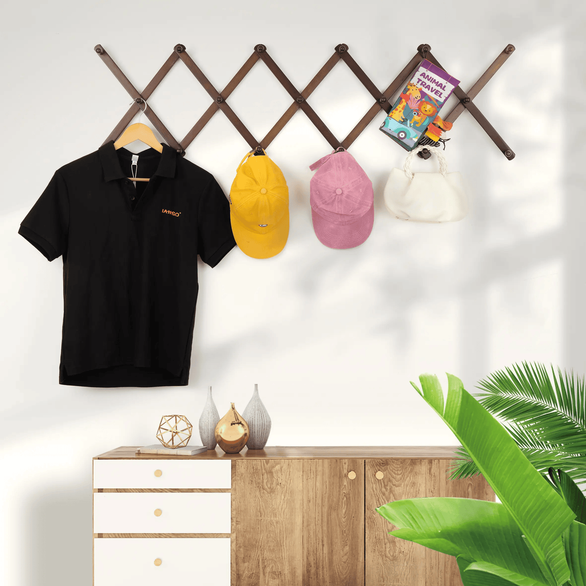 Accordion Peg Rack | 16 Hooks Expandable Wall Rack for Hats, Coat, Tools | Multi-Purpose Wooden Organizer Holds/Hangers Caps, Bag & Hoodies | Space Saving Room/Garage/Entryway Storage Solution (Brown)