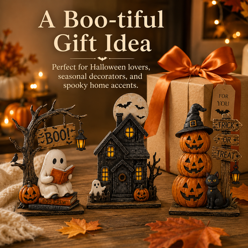 3-Piece Halloween Decor Set – Ghost, Haunted House & Pumpkins