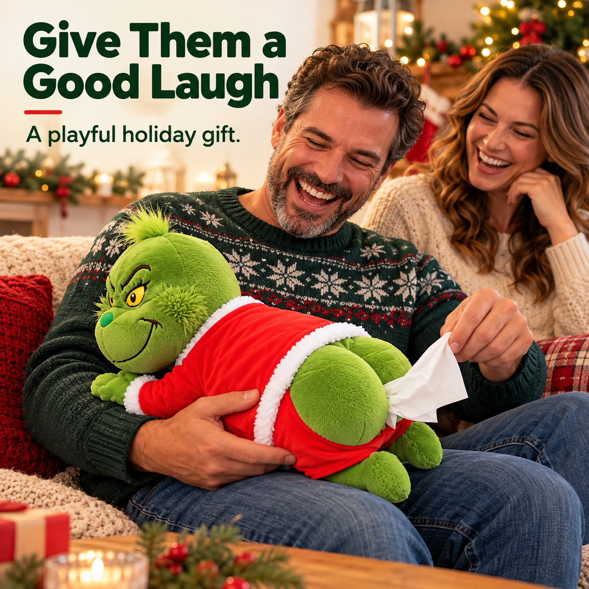 🎄 Grinch Plush Tissue Box Cover | Funny Christmas Grinch Tissue Holder, Festive Home Decor & Novelty Holiday Gift