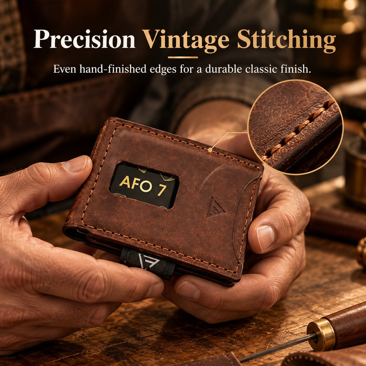 👝 Vintage Stitched Leather Wallet | Built-in AirTag Slot