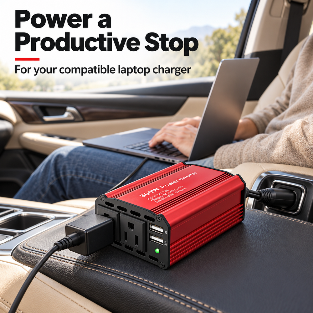 Red car inverter powering a compatible laptop charger during a road trip