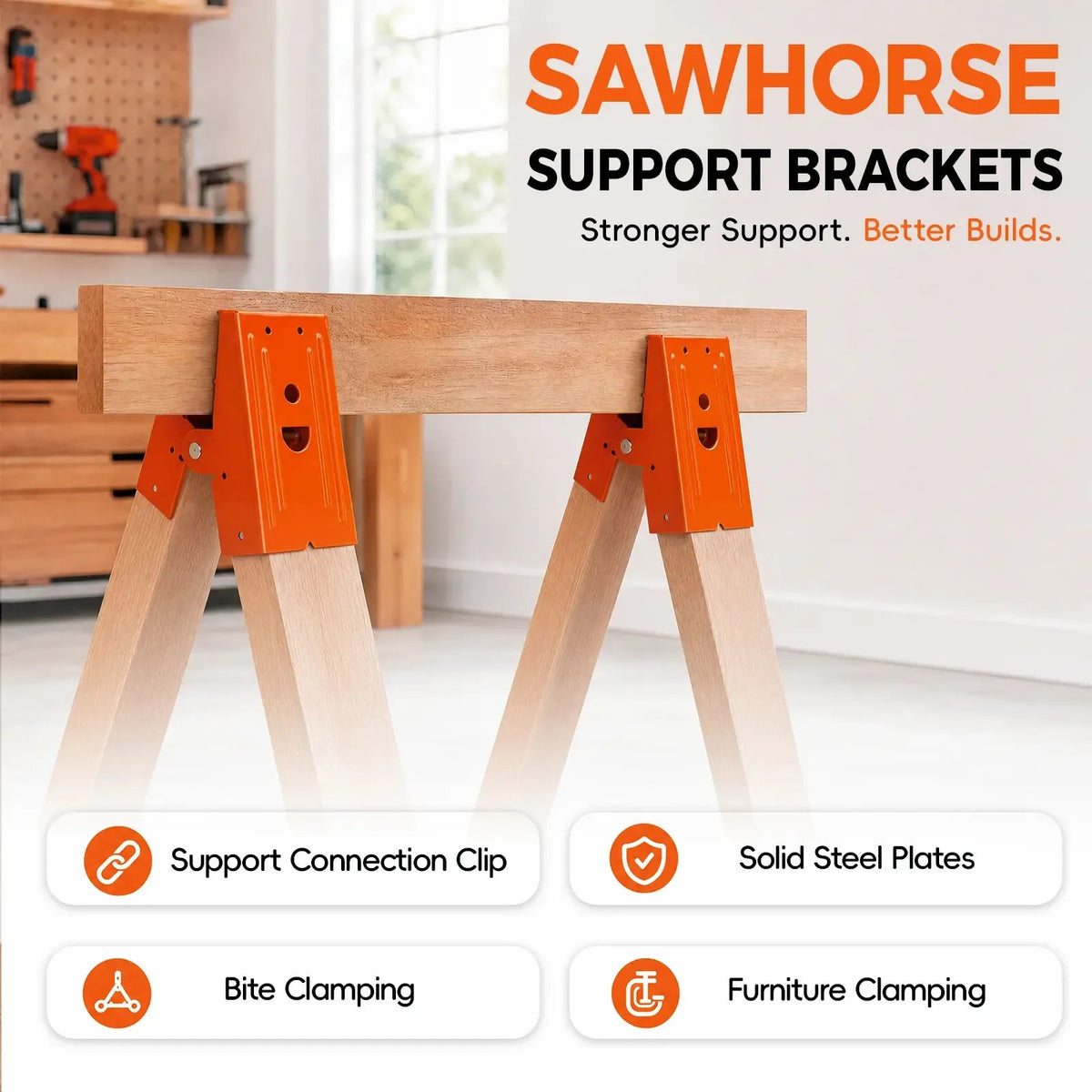 Heavy duty orange sawhorse brackets supporting wooden boards