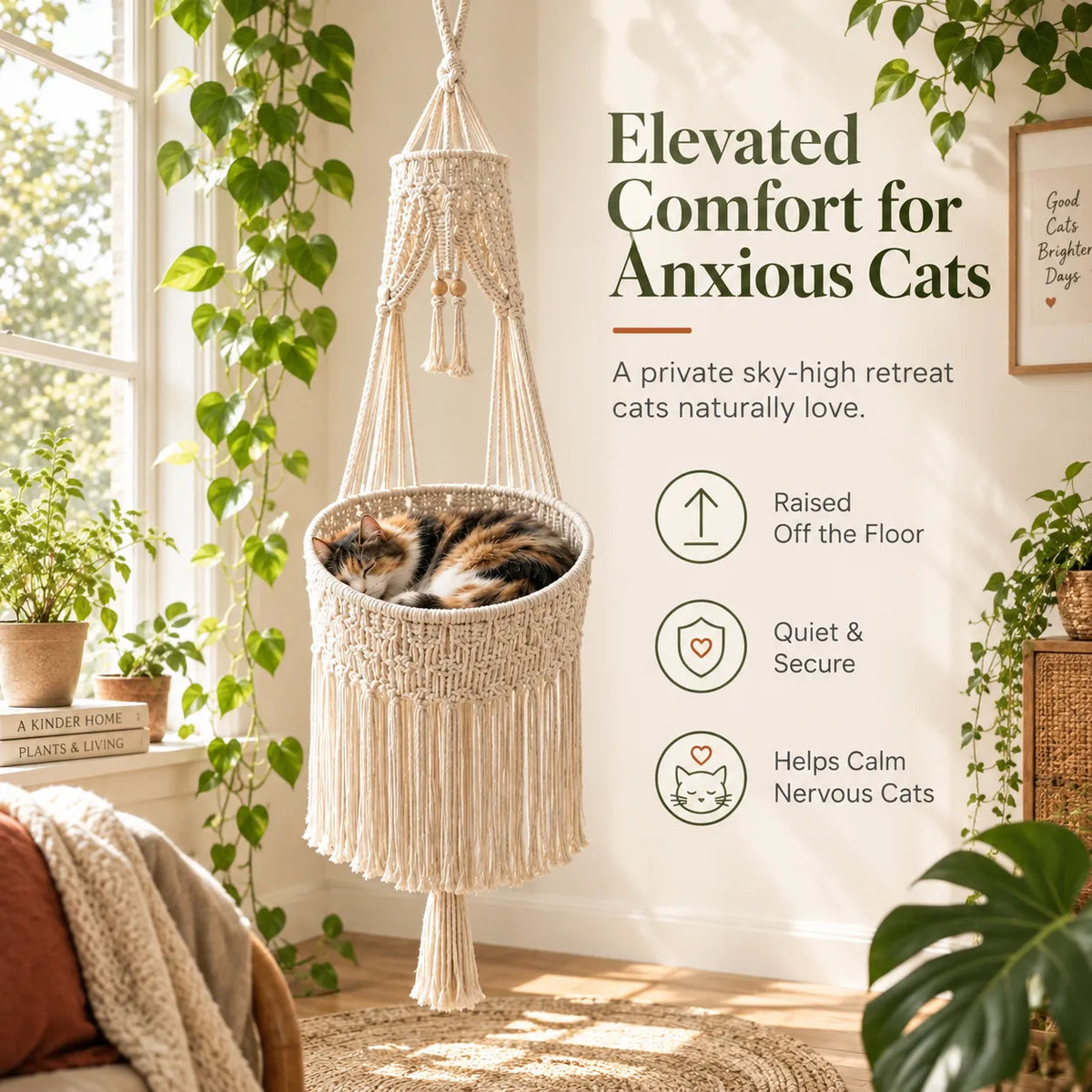 Handmade Cotton Rope Hanging Cat Hammock & Artistic Swing Nest Boho Suspended Cat Bed for Window, Wall & Home Decor